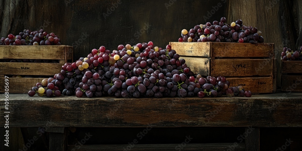 Poster a rustic display of abundant grapes in wooden crates, showcasing fresh produce.