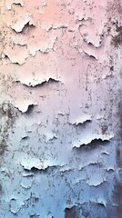 Obraz premium A textured wall with peeling paint showcasing a gradient of soft pastel colors from pink to blue.