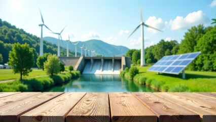 Power station with wind turbines and solar panels against a natural landscape with a river and green hills. Symbolizes sustainable development, clean energy and renewable energy sources.