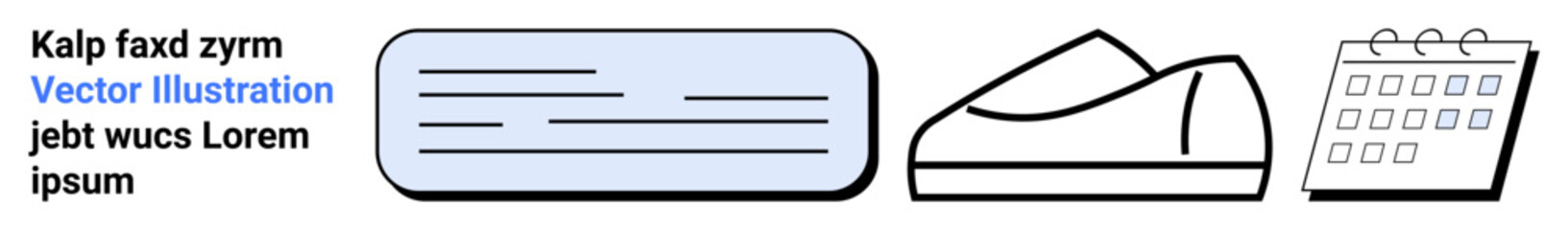 Three minimalist icons text box, shoe, calendar. Ideal for web design, app development, user interface, planning, organizing, fashion, modern graphics Landing page