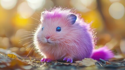 photo of cute pink hampster with blue eyes, purple claws and a purple poofy tail