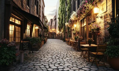 Fototapeta premium Cobblestone street, charming shops, evening ambiance.
