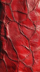 Close-up of textured red leather with intricate cracks and creases, showcasing its rich hue and unique patterns.