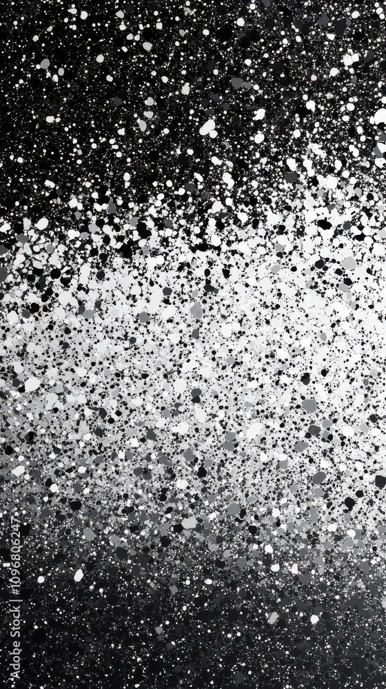 Poster abstract black and white texture with scattered glittering specks, creating a dynamic visual effect.
