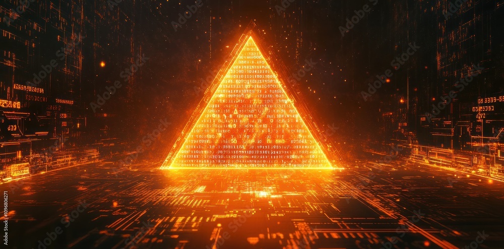 Poster a glowing pyramid made of digital patterns in a futuristic, tech-inspired environment.