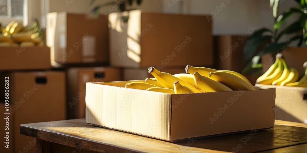 Poster a box of bananas on a table with cardboard boxes in the background.