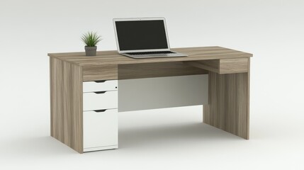 A modern wooden desk with a laptop and a small plant, ideal for work or study.