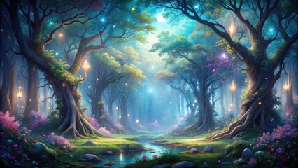 A mystical woodland path lined with ancient trees glowing with magical light, a small stream meanders through the forest floor