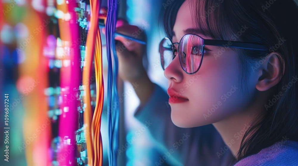Poster engineer examining colorful network cables in a high-tech environment, highlighting digital connecti