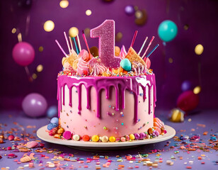 festive first birthday cake with colorful frosting, candles, and candy decor