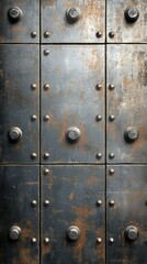 Fototapeta premium A close-up of an aged, industrial-style metal door with round handles and a weathered texture.