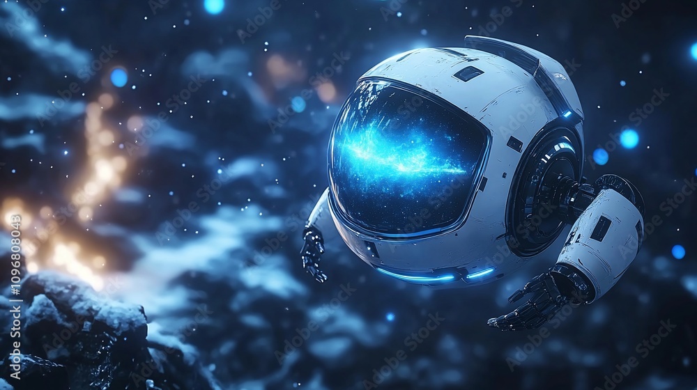 Poster futuristic drone exploring asteroid field in space.