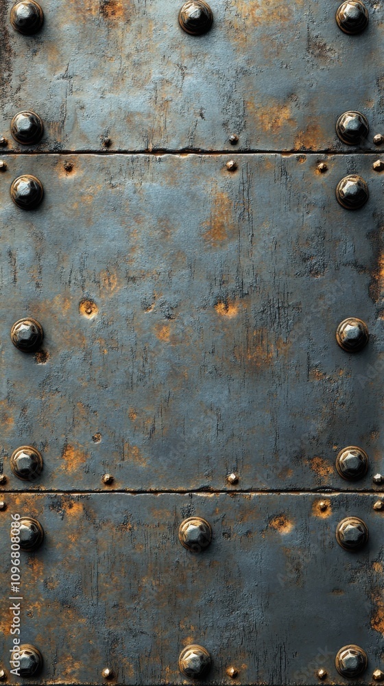 Poster close-up of a weathered blue metal surface with rust and large rivets, creating an industrial and te