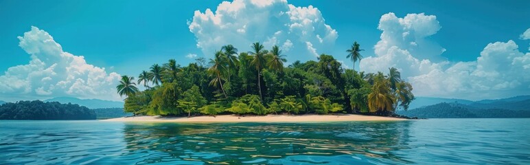 Obraz premium Tropical Island Paradise with Lush Palm Trees and Blue Sky