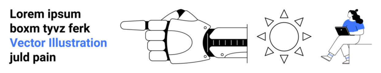 Robotic hand pointing right, sun symbol with rays, and person using laptop. Ideal for technology, robotics, energy, education, innovation, digital transformation, minimalism themes. Landing page