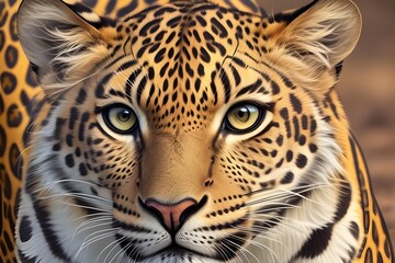 Obraz premium An artistic close-up of a leopard showcasing all of its magnificent features. The bright colors highlight the beauty of this wild animal Generative AI 