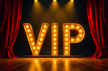 A large illuminated VIP sign on stage, flanked by red curtains, invites guests to a special event