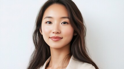 Fototapeta premium Portrait of a beautiful Asian woman with flawless skin and a serene expression against a soft neutral background, showcasing natural beauty and grace in a captivating close-up shot