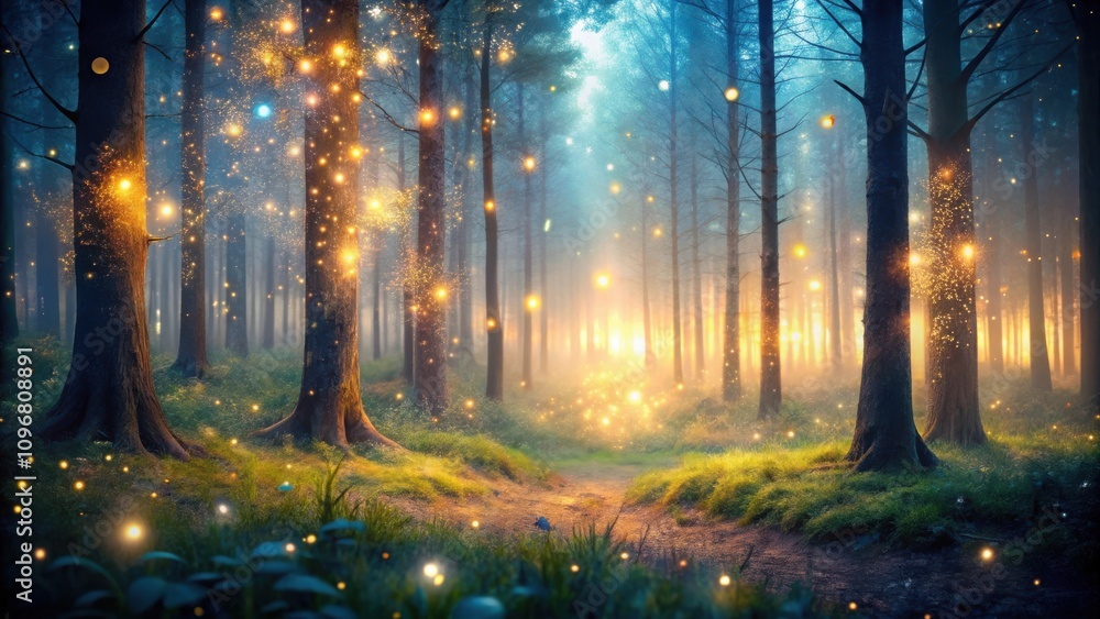 Poster A path through a misty forest illuminated by the warm glow of fireflies, creating an ethereal and magical atmosphere.