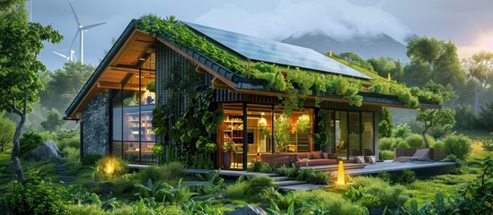 Eco-friendly modern house with solar panels and green roof, nestled in lush nature.