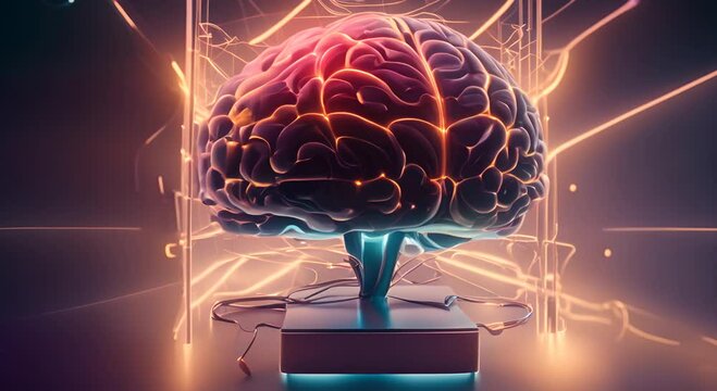 A glowing human brain connected to the metaverse Super brain 4K