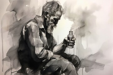 sketch and ink wash a man inhaling oxygen with ink lines and dra