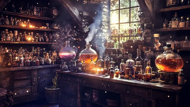 Intricate potion workshop showcasing various bottles and glassware illuminated by warm light