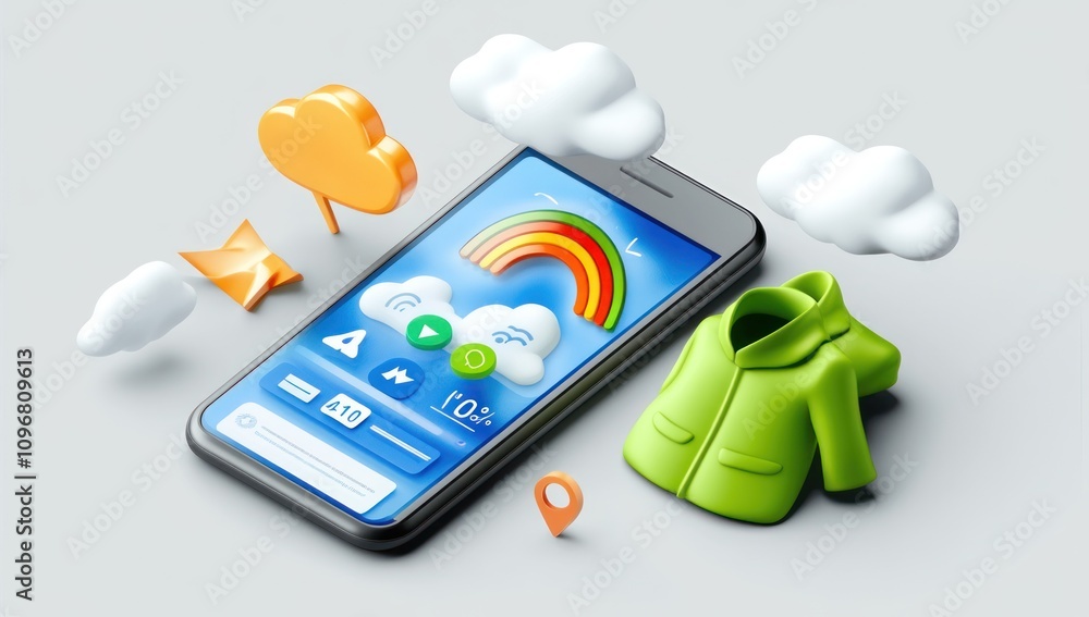 Poster a smartphone surrounded by colorful icons representing weather and lifestyle elements.