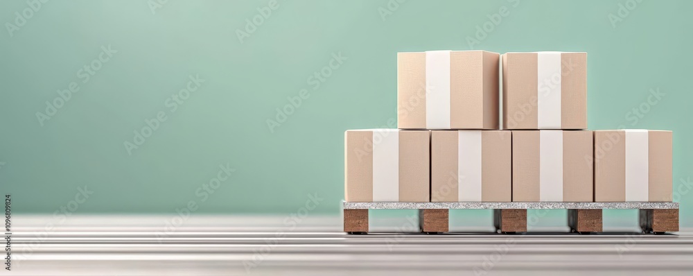Poster packaging concept. packaging automation system with multiple boxes and labels, 3d illustration