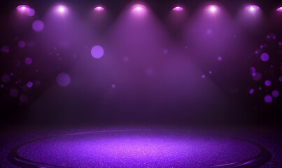Abstract purple background with bokeh lights and glitter on the floor, empty space for product display or design elements.