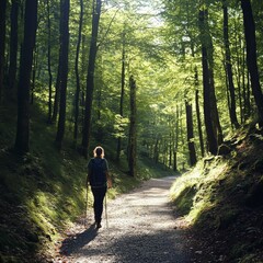 Woman hikes sunlit forest path, backpack, poles.