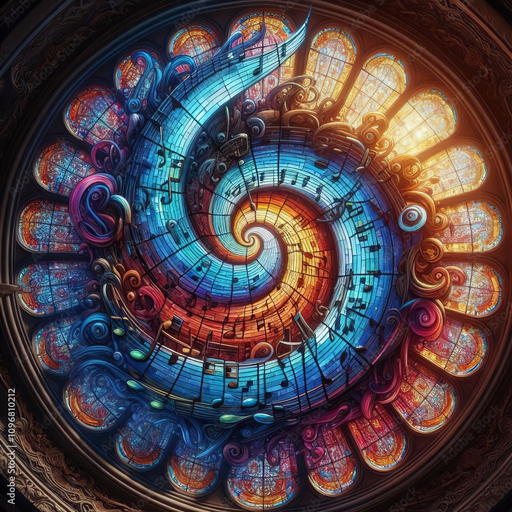 Poster stained glass notes change color as if passing through stained g