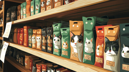 Obraz premium Cute cat food bags displayed on shelves in pet store aisle