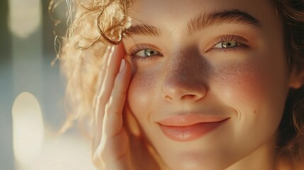 Obraz premium Close-Up of a Beautiful Woman's Face, Emphasizing Natural Beauty and Soft Features, Captured in a Bright and Warm Setting