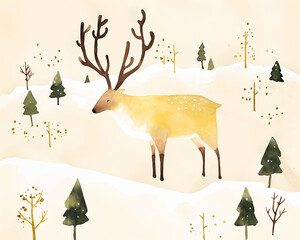 Wandering Deer in Serene Winter Scene, notion for exploration, harmony with nature, children's book illustration, adventure theme, classroom decor, New Year and Christmas theme