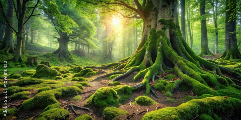 Poster The sunlight filters through the canopy of a verdant forest, illuminating the intricate web of roots that snake across the mossy ground.