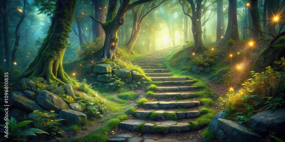 Aufkleber A Mystical Forest Path with Stone Steps Leading Upward Through a Canopy of Trees and Illuminated by Fairy Lights