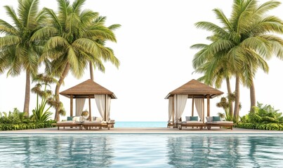 Fototapeta premium Tropical poolside cabanas, palm trees, ocean view.