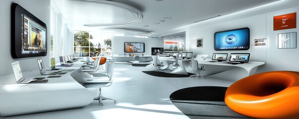 Modern office space featuring sleek design and technology for collaborative work.