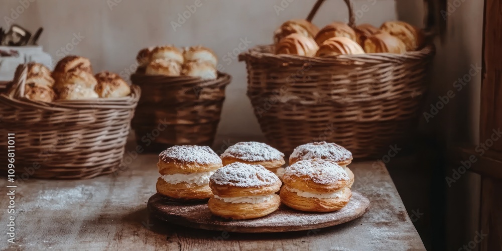 Poster a rustic display of pastries on a wooden table with bread baskets in the background.