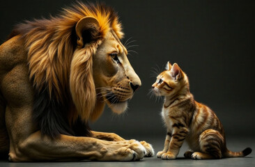 A lion and a small kitten face each other, showcasing an intriguing moment of curiosity and...