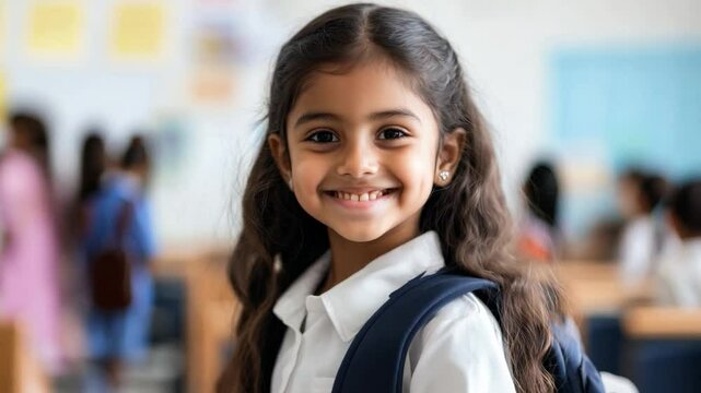 Young indian girl in a school uniform smiles warmly while carrying a backpack in a vibrant classroom setting