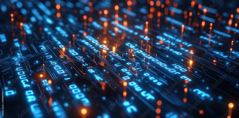Poster a close-up view of a digital circuit board with glowing blue and orange lights.