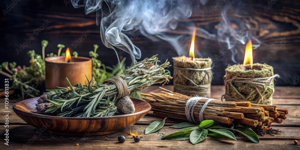 Poster a rustic still life featuring a smoldering bundle of herbs surrounded by candles and natural element