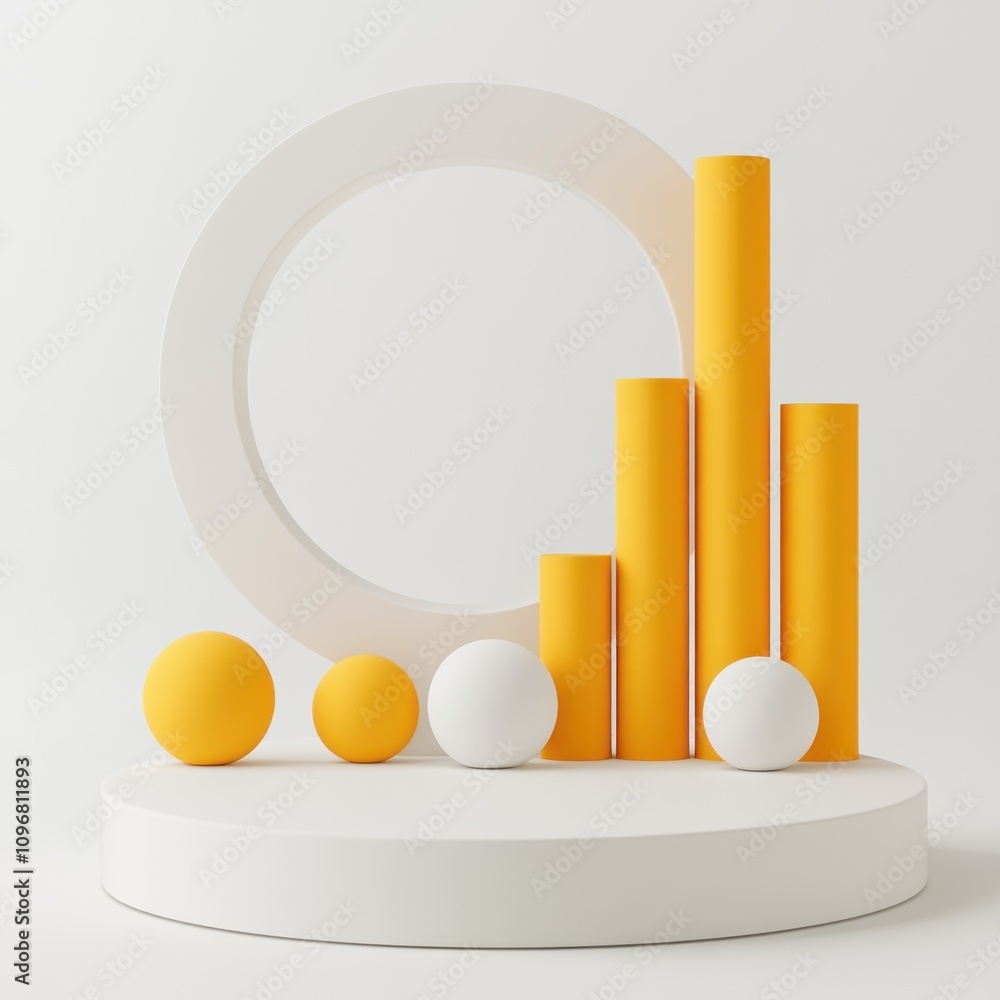 Poster a minimalist 3d composition featuring geometric shapes and bars in yellow and white.