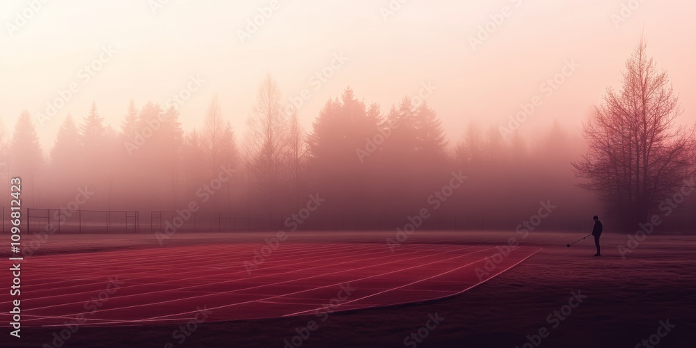 Poster a misty morning scene featuring a lone figure on a red track surrounded by trees.
