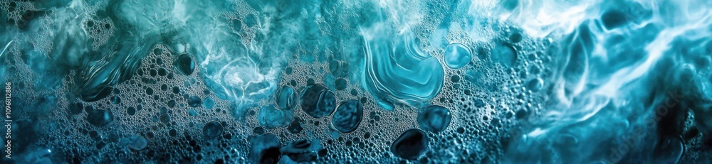 Fototapete abstract image of swirling turquoise and black patterns resembling ocean waves and bubbles.