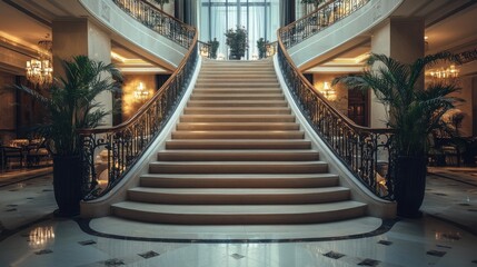 a grand staircase with marble steps and ornate iron railings in a luxurious hotel lobby