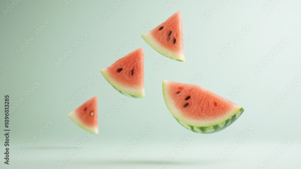 Poster Floating slices of watermelon against a soft background, emphasizing freshness and summer vibes.