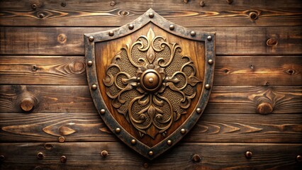 Fototapeta premium Ornate Wooden Shield with Decorative Metal Trim and Carved Floral Design on a Rustic Wooden Background
